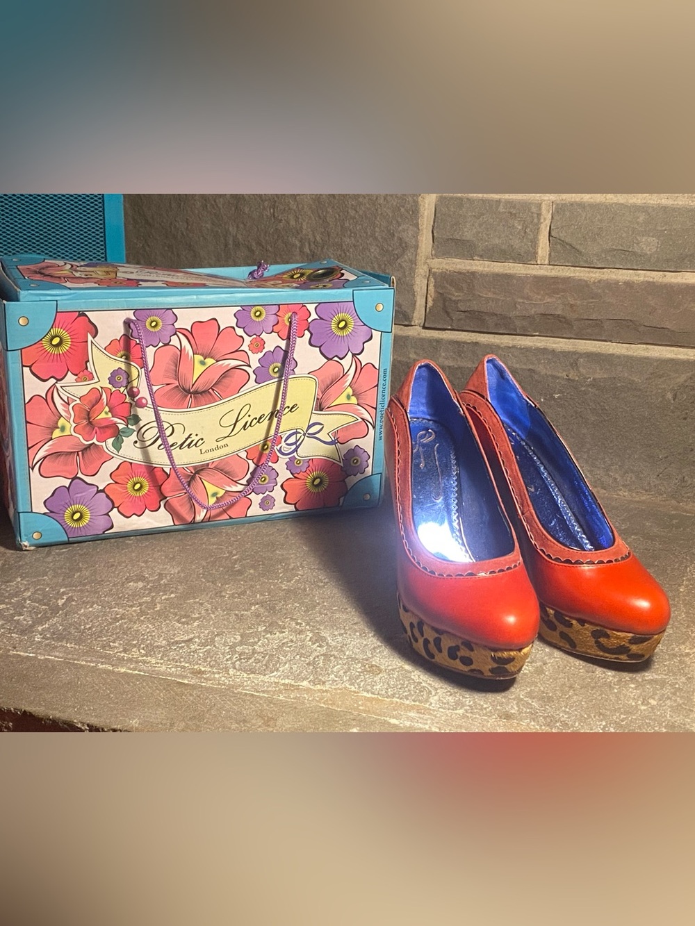 Irregular Choice Body Love platform wedges,red leather,leopard faux fur,in box,7